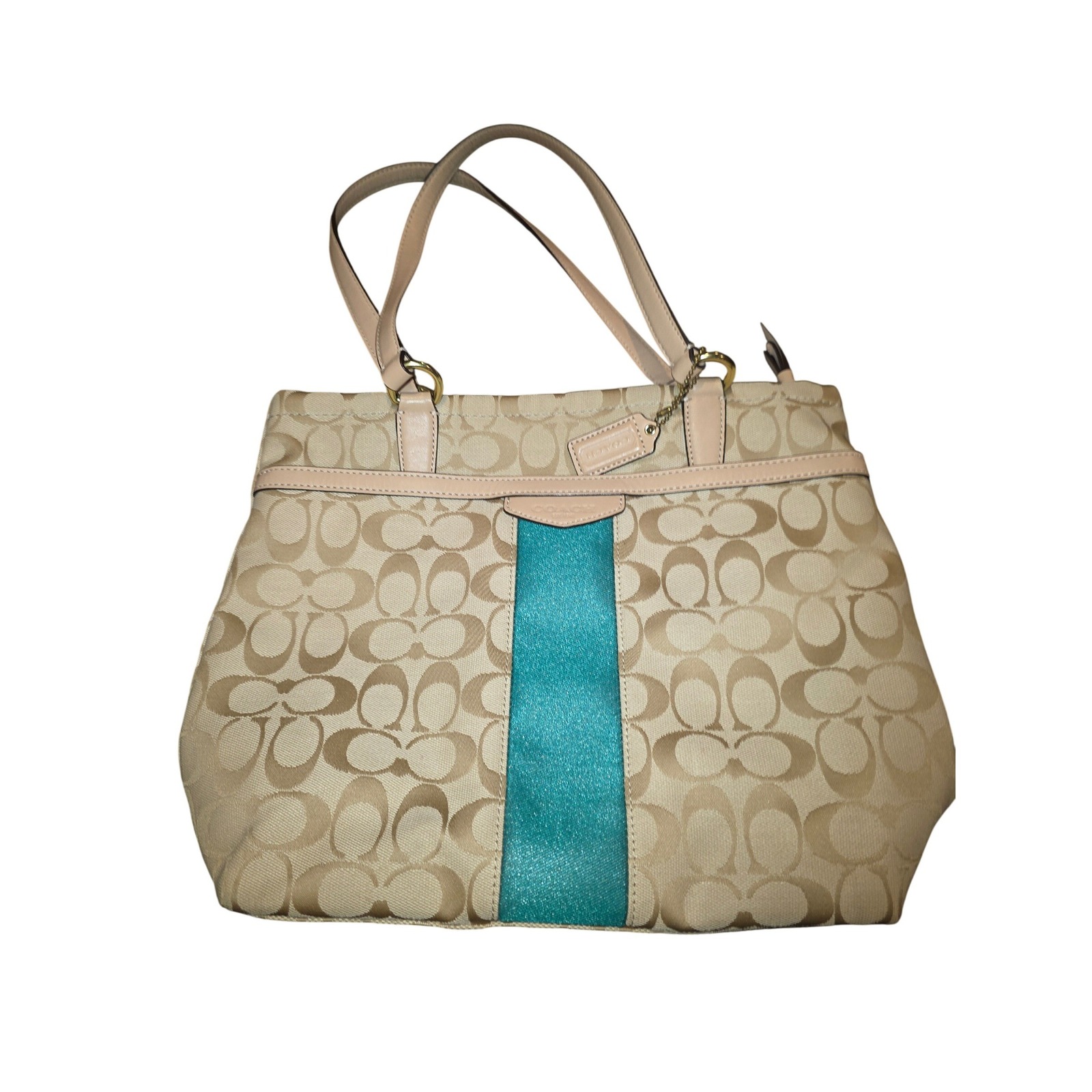Coach Signature Stripe Tote Bag Khaki Tan Teal Glitter Canvas F28504 Clean